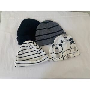 Gerber Boys Hat Bundle Size 0-6M Bears Striped Black Gray Beanies Caps Lot Of 4